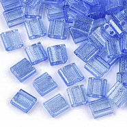 2-Hole Glass Seed Beads, Transparent Spray Painted, with Glitter Powder, Rectangle, Dodger Blue, 5x4.5~5.5x2~2.5mm, Hole: 0.5~0.8mm(SEED-S023-39C-02)