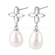 Drop Clover Natural Pearl & Shell Dangle Stud Earrings, Rhodium Plated 925 Sterling Silver Earrings for Women, Platinum, 11.5~13.5x6.5~8x6.5~8mm, Pin: 0.8×10.5mm, Four Leaf Clover: 10x10x2mm.(EJEW-T047-01P)