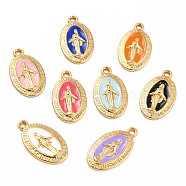 Golden Alloy Enamel Pendants, Long-Lasting Plated, Our Lady of the Miraculous Medal, Oval, Mixed Color, 21x12x1.5mm, Hole: 1.7mm(KK-P197-16G)
