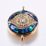 Brass Micro Pave Cubic Zirconia Links, with Abalone Shell/Paua Shell, Evil Eye, Golden, 19~20x14.5x4mm, Hole: 1mm(ZIRC-F077-10G)