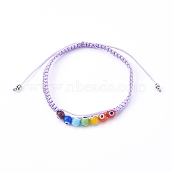 Chakra Jewelry, Adjustable Nylon Cord Braided Bead Bracelet, with Evil Eye Lampwork Round Beads and Alloy Spacer Beads, Lilac, Inner Diameter: 2-1/8~3-1/2 inch(5.5~9cm)(BJEW-JB05976-05)