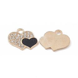 Alloy Crystal Rhinestone Pendants, with Enamel, Double Heart Charms, Light Gold, Black, 15.5x19x2mm, Hole: 3x2.5mm(FIND-C019-30KCG-02)