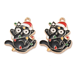 Christmas Theme Alloy Enamel Pendants, Light Gold, Cat Charm, Hat, 25x20.5x1.5mm, Hole: 1.5mm(X-ENAM-Z022-03B)