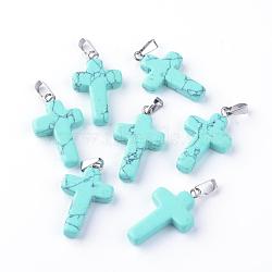 Synthetic Turquoise Pendants, Dyed, with Brass Pinch Bails, Platinum Plated, Cross, 23.5~28x15~18x4mm, Hole: 3x6mm(G-J354-06)