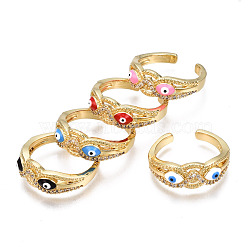 Real 16K Gold Plated Owl with Evil Eye Enamel Cuff Ring for Girl Women, Brass Micro Pave Clear Cubic Zirconia Open Ring, Nickel Free, Mixed Color, US Size 6 3/4(17.1mm)(RJEW-N035-044-NF)