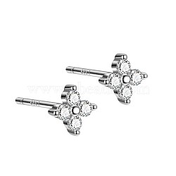Rhodium Plated Clover 999 Fine Silver Cubic Zirconia Stud Earrings for Women, with 999 Stamp, Platinum, 4x4mm(EJEW-S215-16P)
