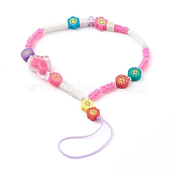 Polymer Clay Beaded Mobile Straps, with Acrylic Enamel Beads and Brass Beads, Flower, Platinum, Colorful, 20.3cm(HJEW-JM00463)