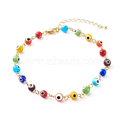 Brass Curb Chains Anklets, with Handmade Evil Eye Lampwork Beads and Brass Charms, Colorful, 9-7/8 inch(25cm)(AJEW-AN00448)