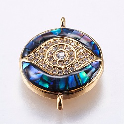Brass Micro Pave Cubic Zirconia Links, with Abalone Shell/Paua Shell, Evil Eye, Golden, 19~20x14.5x4mm, Hole: 1mm(ZIRC-F077-10G)