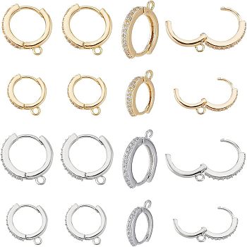 SUPERFINDINGS 16Pcs 4 Style Brass Micro Pave Cubic Zirconia Huggie Hoop Earring Findings, Platinum & Golden, 13.5x12x2.5mm and 16x15x2mm, Hole: 1mm, Pin: 0.8~0.9mm, 4pcs/style