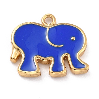 Golden Brass Enamel Pendants, Long-Lasting Plated, Elephant, Prussian Blue, 16x17.5x2mm, Hole: 1.6mm