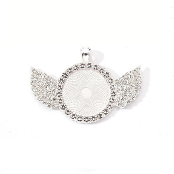 Alloy Pendant Cabochon Settings, with Crystal Rhinestone, Cadmium Free & Lead Free, Flat Round with Wing, Silver, Tray: 25mm, 41.5x60x3.5mm, Hole: 5x3.5mm