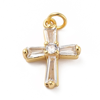 Rack Plating Brass Micro Pave Cubic Zirconia Pendants, Real 18K Gold Plated, Long-Lasting Plated, Lead Free & Cadmium Free, Cross, Clear, 19x14.5x4.5mm, Jump Ring: 5x0.9mm, 3.2mm Inner Diameter