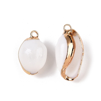 Natural Sea Shell Pendants, Shell Shaped Charms with Golden Tone Iron Loops, White, 17~29x8~15x6~13mm, Hole: 1.5~2.5mm