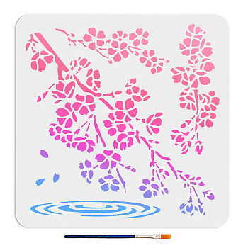 US 1Pc Cherry Blossom Theme PET Hollow Out Drawing Painting Stencils, with 1Pc Art Paint Brushes, for DIY Scrapbook, Photo Album, Flower, 300x300mm