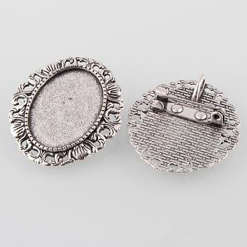 Vintage Alloy Brooch Cabochon Bezel Settings, Cadmium Free & Lead Free, with Iron Pin Back Bar Findings, Antique Silver, Oval Tray: 25x18mm, 34x30.5x2mm, Hole: 5x3mm, Pin: 0.8mm