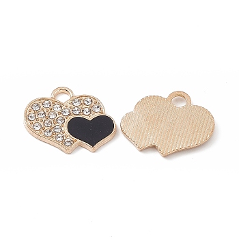Alloy Crystal Rhinestone Pendants, with Enamel, Double Heart Charms, Light Gold, Black, 15.5x19x2mm, Hole: 3x2.5mm