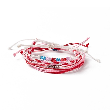 4Pcs 4 Style Alloy & Glass Braided Bead Bracelets Set, Waxed Polyester Cord Adjustable Bracelets for Women, Red, Inner Diameter: 2~3-3/4 inch(5~9.6cm), 1Pc/style