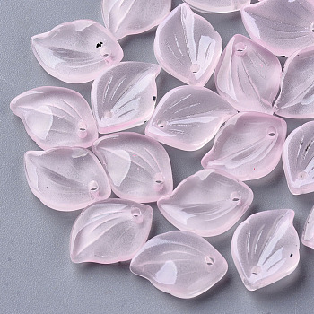 Transparent Spray Painted Glass Pendants, Leaf, Pink, 16x11.5x3.5mm, Hole: 1.5mm