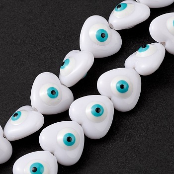 Evil Eye Resin Beads Strands, Heart, White, 12.5x14x9mm, Hole: 1.8mm, about 30pcs/strand, 14.25 inch(36.2cm)