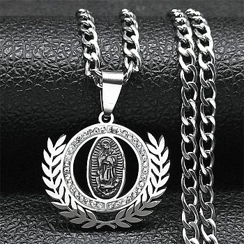 304 Stainless Steel Micro Pave Cubic Zirconial Necklaces, Catholic Saint Benedict Medal Pendant Necklaces, Stainless Steel Color, 23.62 inch(60cm)