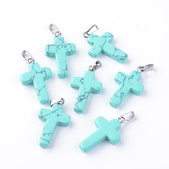 Synthetic Turquoise Pendants, Dyed, with Brass Pinch Bails, Platinum Plated, Cross, 23.5~28x15~18x4mm, Hole: 3x6mm