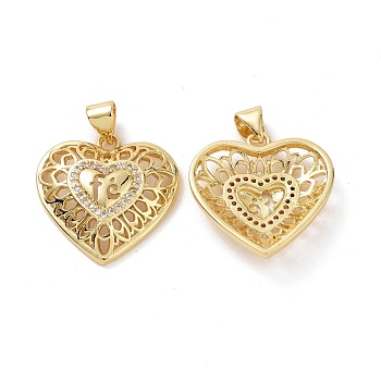 Brass Cubic Zirconia Pendants, Hollow Heart with Word fe Charm, Real 18K Gold Plated, 20.5x20x4.5mm, Hole: 3.5x5mm