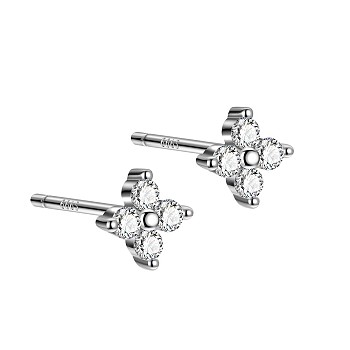 Rhodium Plated Clover 999 Fine Silver Cubic Zirconia Stud Earrings for Women, with 999 Stamp, Platinum, 4x4mm