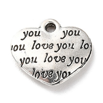 Tibetan Style Alloy Pendants, Heart with Word, Antique Silver, 12.5x14x2.5mm, Hole: 1.2mm, about 394pcs/500g