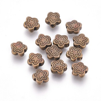 Tibetan Silver Alloy Beads, Lead Free & Nickel Free & Cadmium Free, Antique Bronze Color, Flower, Great for Mother's Day Gifts making, about 7mm long, 7mm wide, 2.5mm thick, hole: 1.5mm