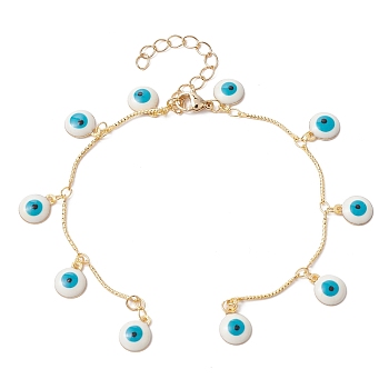 Handmade Textured Brass Bar Link Chains Bracelet Making, with Enamel Evil Eye Charm & Lobster Claw Clasp, Fit for Connector Charms, Golden, 7-1/4 inch(18.3cm)
