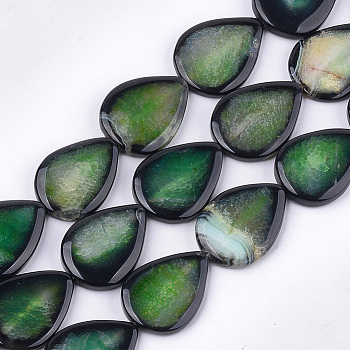 Natural Crackle Agate Beads Strands, Dyed, Teardrop, Green, 40~41x29~31x5.5~7mm, Hole: 2mm, about 10pcs/strand, 15.5 inch