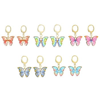 Light Gold Tone Alloy Enamel Dangle Leverback Earrings, Butterfly, Mixed Color, 33x22mm