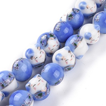 Handmade Printed Porcelain Beads, Lucky Cat with Flower Pattern, Royal Blue, 15mm, Hole: 2.3mm, about 25pcs/Strand, 13.58''(34.5cm)
