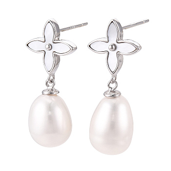 Drop Clover Natural Pearl & Shell Dangle Stud Earrings, Rhodium Plated 925 Sterling Silver Earrings for Women, Platinum, 11.5~13.5x6.5~8x6.5~8mm, Pin: 0.8×10.5mm, Four Leaf Clover: 10x10x2mm.