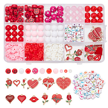 DIY Valentine's Day Jewelry Making Finding Kit, Including Polymer Clay Disc & Acrylic & Resin Beads, Alloy Enamel Pendants, Heart & Rose & Lip & Smiling Face, Red, 524Pcs/box