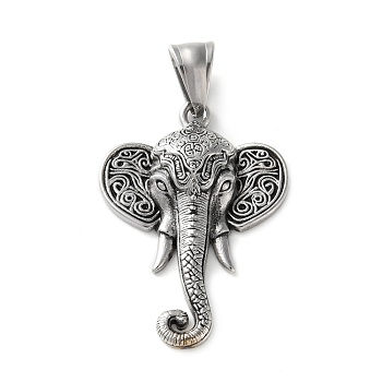 304 Stainless Steel Pendants, Elephant Charm, Antique Silver, 37x26x6mm, Hole: 9x5mm