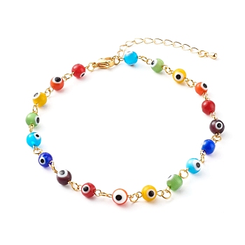 Brass Curb Chains Anklets, with Handmade Evil Eye Lampwork Beads and Brass Charms, Colorful, 9-7/8 inch(25cm)