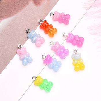 Gradient Color Opaque Resin Pendants, with Glitter Powder and Platinum Tone Iron Peg Bails, Bear, Mixed Color, 21x11x6.5mm, Hole: 2.0mm