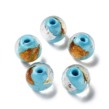Handmade Lampwork Bead, with Gold Foil, Round, Deep Sky Blue, 11.5~12x11~11.5mm, Hole: 1.8~2mm