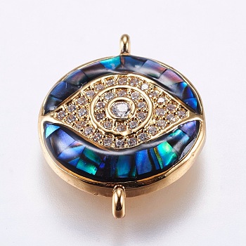 Brass Micro Pave Cubic Zirconia Links, with Abalone Shell/Paua Shell, Evil Eye, Golden, 19~20x14.5x4mm, Hole: 1mm
