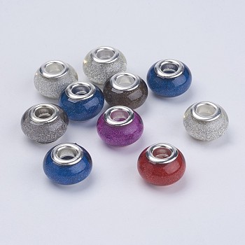 Large Hole Resin European Beads, with Silver Color Plated Brass Double Cores, Rondelle, Mixed Color, 14x9mm, Hole: 5mm