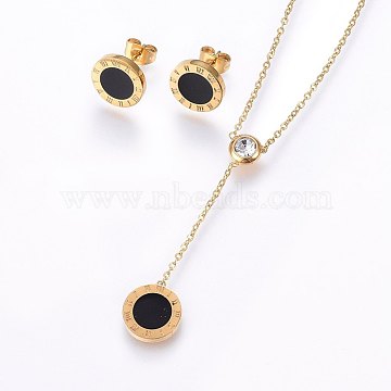 304 Stainless Steel Jewelry Sets, Stud Earrings and Pendant Necklaces, with Rhinestone and Enamel, Flat Round, Golden, 16.54 inch(42cm), 11x2mm, Pin: 0.8mm(X-SJEW-H137-22G)