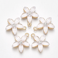 Alloy Pendants, with Resin and Rhinestone, Flower, Crystal, Light Gold, White, 21.5x18.5x5mm, Hole: 1.5mm(PALLOY-S177-01E)