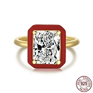 925 Sterling Silver Rings, Birthstone Ring, Real 18K Gold Plated, with Enamel & Cubic Zirconia for Women, Rectangle, Red, 1.9mm, US Size 7(17.3mm)(RJEW-A019-43B-02G)