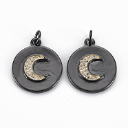 Brass Micro Pave Clear Cubic Zirconia Pendants, with Jump Rings, Nickel Free, Real 16K Gold Plated, Flat Round with Moon, Gunmetal, 20x17x2.5mm, Jump Ring: 5x1mm, 3mm inner diameter(ZIRC-Q200-036-NF)