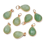 Natural Green Aventurine Pendants, with Light Gold Plated Brass Edge and Iron Loops, Teardrop, Faceted, 19x12x7.5mm, Junp Round: 6x1mm, Inner Diameter: 4mm(G-S359-364C)