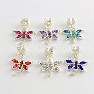 Alloy Rhinestone Dragonfly European Dangle Charms, Silver Color Plated, Mixed Color, 28mm, Hole: 4.5mm(X-MPDL-R036-77)