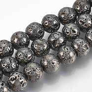Electroplated Natural Lava Rock Bead Strands, Round, Bumpy, Gunmetal Plated, 10~11mm, Hole: 1mm, about 38pcs/strand, 15.7 inch(X-G-T061-55D-10mm)
