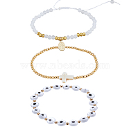 ARRICRAFT 3Pcs 3 Style Rosary Bracelets Set with Virgin Mary Charm, Natural White Jade & Evil Eye Lampwork & Synthetic Turquoise Cross Beaded Stretch Bracelets for Women, Golden, Inner Diameter: 2~4-1/4 inch(5.15~10.8cm), 1Pc/style(BJEW-AR0001-04)